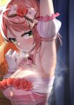  1girl arm_up armpits bare_shoulders bow breasts cleavage closed_mouth flower gloves green_eyes hair_bow highres large_breasts love_live! love_live!_nijigasaki_high_school_idol_club red_flower red_hair red_rose rose sasanon_(sasapoliton) short_hair solo sweat uehara_ayumu upper_body white_bow white_gloves 