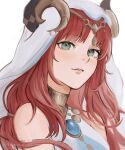 1girl arabian_clothes bangs bare_shoulders blush curled_horns eyelashes forehead_jewel genshin_impact green_eyes highres horns jewelry lips long_hair looking_at_viewer necklace nilou_(genshin_impact) nokkusuart parted_lips profile red_hair smile solo twitter_username veil 