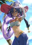  1girl arms_up bandeau bangle bangs bare_shoulders bikini blue_eyes blue_skirt blue_sky bracelet breasts cleavage collarbone commentary_request cowboy_shot day dutch_angle earrings elbow_gloves fingerless_gloves genshin_impact gloves grin hair_between_eyes hat highres innertube jewelry kio_naoki long_hair looking_at_viewer medium_breasts mona_(genshin_impact) navel neck_ring outdoors purple_hair purple_headwear see-through see-through_skirt skirt sky smile solo standing stomach strapless strapless_bikini swimsuit tan tube_top twintails very_long_hair water white_bikini white_gloves witch_hat 