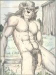  anthro body_hair borni canid canine clothing cowboy_hat fence flaccid genitals hair hat hat_only headgear headgear_only headwear headwear_only hi_res long_hair male mammal mostly_nude muscular penis pubes solo 