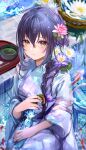  1girl absurdres bangs braid braided_ponytail commentary english_commentary floral_print flower green_tea hair_between_eyes hair_flower hair_ornament highres holding holding_umbrella koi lavender_kimono lily_pad obi original pool puracotte purple_hair sash signature sitting smile solo tea umbrella water water_drop wet wet_hair yellow_eyes 