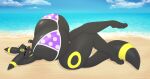  2020 alternate_version_at_source anthro beach big_breasts bikini biped breasts clothed clothing crossed_legs eeveelution female generation_2_pokemon hi_res huge_breasts hyper hyper_breasts kiara_(pkmndiamond493) looking_at_viewer lying nintendo on_back on_sand one_eye_closed open_mouth open_smile pattern_bikini pattern_clothing pattern_swimwear pokemon pokemon_(species) pokemorph purple_eyes sea seaside skimpy smile smiling_at_viewer solo spots spotted_bikini spotted_clothing spotted_swimwear suika-x swimwear umbreon video_games water wink winking_at_viewer 