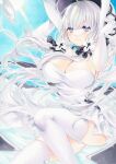  1girl azur_lane blue_eyes breasts cleavage dress elbow_gloves gloves hat highres illustrious_(azur_lane) large_breasts long_hair looking_at_viewer marker_(medium) mimi_(mini1474) panties solo strapless strapless_dress sun_hat thighhighs traditional_media underwear very_long_hair white_dress white_gloves white_hair white_headwear white_panties white_thighhighs 