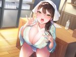  1girl bangs blush breasts brown_hair cleavage collarbone covered_nipples green_eyes highres huge_breasts kanola_u long_hair long_sleeves looking_at_viewer open_mouth original solo tongue tongue_out 