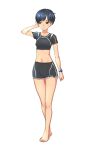  1girl barefoot black_eyes black_hair crop_top fujisawa_takashi highres midriff original short_hair short_shorts shorts solo very_short_hair watch white_background wristwatch 