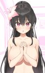  1girl black_hair blush bow breasts chestnut_mouth commission flower gloves hair_between_eyes hair_ornament highres large_breasts long_hair nude original ponytail purple_eyes sidelocks solo twin_(tt_lsh) very_long_hair 