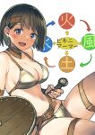  1girl :d armor belt bikini_armor black_hair breasts commentary earrings highres jewelry large_breasts original purple_eyes shield short_hair smile solo sword translated twinpoo weapon white_background 