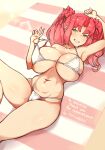  1girl absurdres bikini blush breasts clenched_teeth collarbone green_eyes highres large_breasts long_hair looking_at_viewer lying misao_(salverion) navel original pink_hair smile solo swimsuit teeth towel twintails umitsuki_(kurage_no_shokushu) 