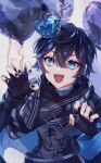  1boy absurdres axia_krone balloon black_hair blue_eyes blue_theme crown fingerless_gloves gloves heart highres long_sleeves looking_at_viewer male_focus mini_crown nail_polish nijisanji open_mouth s_poi_l short_hair solo virtual_youtuber 