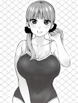  1girl bangs blunt_bangs blush breasts chain-link_fence cleavage collarbone embarrassed fence go-toubun_no_hanayome highres holding holding_hair huge_breasts looking_at_viewer marimo_625 monochrome nakano_nino nervous_smile raised_eyebrows school_swimsuit scrunchie simple_background skindentation sweatdrop swimsuit twintails wide_hips 