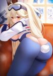  1girl absurdres ahoge ass azur_lane bandaid bandaid_on_face bangs blonde_hair blue_bodysuit bluecher_(azur_lane) bluecher_(high-altitude_head_over_heels)_(azur_lane) bodysuit breasts butt_crack clothing_cutout cropped_jacket elegant_(sumisumi4268) fake_tail fur_collar goggles goggles_on_head highres indoors kneeling large_breasts leaning_forward licking_lips long_hair looking_at_viewer looking_back mountain official_alternate_costume orange_eyes rabbit_tail solo sportswear tail thigh_strap tongue tongue_out window 