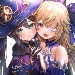  2girls :d bare_shoulders black_gloves black_hair blonde_hair blush capelet closed_mouth detached_sleeves doyamona eyepatch fischl_(genshin_impact) fur-trimmed_capelet fur_trim genshin_impact gloves green_eyes hat interlocked_fingers looking_at_viewer mona_(genshin_impact) multiple_girls nail_polish red_eyes smile witch_hat 