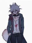  1boy animal_collar animal_ears bangs black_collar black_pants chain collar collarbone cowboy_shot danganronpa_(series) danganronpa_2:_goodbye_despair dog_boy dog_ears gradient_hair green_jacket green_tail grey_background grey_eyes grey_shirt hair_between_eyes highres hood hooded_jacket jacket komaeda_nagito male_focus multicolored_hair open_clothes open_jacket pants print_shirt shirt simple_background smile solo two-tone_hair ziling 