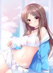  1girl absurdres azur_lane bangs bare_shoulders bikini bikini_under_clothes blue_jacket blurry blurry_background braid brown_hair closed_mouth collarbone commentary_request criss-cross_halter depth_of_field fuuna hair_ornament hairclip halterneck highres jacket kimberly_(azur_lane) long_hair long_sleeves looking_at_viewer navel off_shoulder open_clothes open_jacket parted_bangs red_eyes sleeves_past_wrists smile solo swimsuit very_long_hair white_bikini 