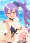  1girl :d alternate_breast_size beach blush breasts clothes_pull fate/grand_order fate_(series) flashing hair_between_eyes highres large_breasts looking_at_viewer nagehazushi navel nipples one-piece_swimsuit one_breast_out outdoors pulled_by_self purple_hair red_eyes revealing_clothes scrunchie shore side_ponytail smile solo standing swimsuit swimsuit_pull wrist_scrunchie wu_zetian_(fate) wu_zetian_(swimsuit_caster)_(fate) wu_zetian_(swimsuit_caster)_(first_ascension)_(fate) 