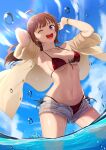  1girl ahoge bikini breasts breasts_apart brown_hair covered_nipples cowboy_shot hair_down hands_up highres idolmaster idolmaster_million_live! idolmaster_million_live!_theater_days kamille_(vcx68) long_hair looking_at_viewer navel one_eye_closed open_clothes open_fly open_mouth open_shirt outdoors purple_eyes red_bikini short_shorts shorts sky smile solo swimsuit wading water_drop yokoyama_nao 