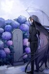  1boy ass black_footwear black_hair black_jacket black_pants black_suit danganronpa_(series) danganronpa_2:_goodbye_despair flower formal from_behind full_body hydrangea jacket kamukura_izuru long_hair looking_back outdoors pants purple_flower red_eyes solo standing suit tombstone transparent transparent_umbrella umbrella very_long_hair ziling 