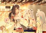  5girls :d absurdres animal_ear_fluff animal_ears bangs bare_shoulders black_hair blurry blurry_background bone_hair_ornament braid breasts brown_eyes brown_hair cartoon_bone cat_ears checkerboard_cookie cleavage commentary_request cookie daitai_sotogawa_(futomomo) depth_of_field dog_ears fang food fox_ears gloves green_eyes grey_hair hair_ornament hands_up highres holding holding_food hololive indoors inugami_korone long_hair medium_breasts multicolored_hair multiple_girls nakiri_ayame nekomata_okayu ookami_mio plate purple_hair red_eyes red_hair shirakami_fubuki shirt skirt smile streaked_hair sweat very_long_hair white_gloves white_shirt white_skirt 