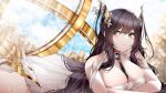  1girl absurdres azur_lane black_hair breasts cleavage dress flower green_eyes hair_on_horn highres indomitable_(azur_lane) large_breasts long_hair looking_away looking_to_the_side lying on_stomach samip solo very_long_hair white_dress white_flower 