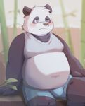  2022 anthro bamboo belly big_belly black_body black_nose blush bottomwear bulge clothing giant_panda hi_res humanoid_hands kemono male mammal overweight overweight_male pixiv_id_54092237 shirt shorts sitting solo topwear ursid white_body 