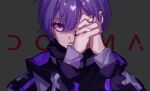  1boy black_background black_jacket highres jacket long_sleeves looking_at_viewer male_focus mono_palette. multicolored_clothes multicolored_jacket nail_polish open_mouth own_hands_clasped own_hands_together purple_eyes purple_hair purple_jacket s_poi_l short_hair solo utaite_(singer) yukimi_(utaite) 