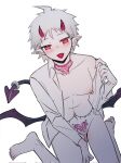  1boy ahoge alternate_eye_color alternate_hair_color bangs barefoot belly_chain blush collarbone commentary_request danganronpa_(series) danganronpa_2:_goodbye_despair demon_boy demon_tail demon_wings ear_piercing grey_hair grey_shirt heart heart_tattoo highres hinata_hajime jewelry long_sleeves looking_at_viewer male_focus male_pubic_hair navel_piercing neck_tattoo nipple_piercing open_clothes open_shirt penis penis_peek piercing pointy_ears pubic_hair pubic_tattoo red_eyes shirt short_hair single_bare_shoulder sitting solo tail tail_ornament tail_ring tattoo tongue tongue_out tongue_piercing wariza wings ziling 