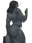  absurdres ass breasts cellphone colored_skin formal green_hair green_skin green_theme highres jennifer_walters lips long_hair marvel medium_breasts musctonk open_mouth phone she-hulk solo suit thick_thighs thighs 