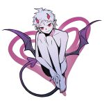  1boy absurdres ahoge alternate_eye_color alternate_hair_color bangs collarbone commentary_request completely_nude danganronpa_(series) danganronpa_2:_goodbye_despair demon_boy demon_horns demon_tail demon_wings grey_hair heart highres hinata_hajime horns looking_at_viewer male_focus nail_polish nude pointy_ears red_eyes red_horns red_nails short_hair smile solo tail tattoo toenail_polish toenails white_background wings ziling 
