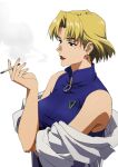  1girl akagi_ritsuko bare_shoulders blonde_hair cigarette coat earrings eyelashes fingernails gem green_eyes green_gemstone grey_background grey_coat highres holding holding_cigarette ishii_takamori jewelry labcoat long_eyelashes mole mole_under_eye neon_genesis_evangelion o-ring open_clothes open_coat parted_lips purple_gemstone red_lips short_hair simple_background single_earring smoke smoking solo teeth triangle 