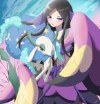  1girl black_hair choker colored_eyelashes corset florges florges_(blue) grey_eyes hair_ornament highres japanese_clothes kimono long_hair long_sleeves outdoors parted_lips pink_kimono pink_ribbon pokemon pokemon_(creature) pokemon_(game) pokemon_xy purple_choker purple_ribbon ribbon sidelocks signature sky sleeves_past_fingers sleeves_past_wrists standing valerie_(pokemon) 