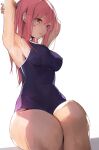  1girl armpits bangs breasts competition_swimsuit highres large_breasts one-piece_swimsuit original pink_hair pisuta_(yamashiro) sitting solo stretching swimsuit thick_thighs thighs yellow_eyes 