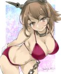  1girl bikini breasts brown_hair cleavage commentary_request cowboy_shot flipped_hair gakky green_eyes hairband kantai_collection large_breasts looking_at_viewer mutsu_(kancolle) one-hour_drawing_challenge radio_antenna red_bikini short_hair smile solo standing swimsuit 