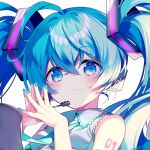  1girl 39 blue_eyes blue_hair blue_nails blue_necktie closed_mouth commentary hatsune_miku headset kurisu_sai long_hair looking_at_viewer necktie number_tattoo simple_background smile solo symbol-only_commentary tattoo twintails upper_body vocaloid white_background 