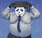  2022 anthro bari_mu belly big_belly black_body black_nose briefcase clothing giant_panda hi_res humanoid_hands kemono male mammal moobs necktie outside overweight overweight_male raining shirt solo topwear ursid wet wet_clothing wet_shirt wet_topwear white_body 