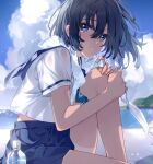  1girl bandaid bandaid_on_knee bandaid_on_leg bare_arms bare_legs black_hair blue_eyes blue_sailor_collar blue_skirt blurry blurry_background bottle cloud collared_shirt crying crying_with_eyes_open day hair_between_eyes highres long_hair miniskirt original outdoors parted_lips sailor_collar sailor_shirt shiny shiny_hair shirt short_sleeves sitting skirt solo tears towel towel_around_neck u35 water_bottle white_shirt 