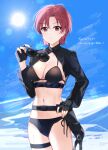  1girl bazett_fraga_mcremitz bikini black_bikini black_gloves black_ribbon blue_sky breasts cleavage cowboy_shot day eyewear_removed fate/hollow_ataraxia fate_(series) fingerless_gloves gloves highres holding holding_eyewear medium_breasts navel outdoors red_hair ribbon rizu033 short_hair shrug_(clothing) side-tie_bikini_bottom sideboob sky solo sun sunglasses swimsuit thigh_strap 