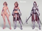  1girl armor bare_shoulders barefoot boobplate breastplate breasts brown_hair character_name cleavage cleavage_cutout closed_mouth clothing_cutout completely_nude contrapposto full_armor gauntlets grey_background helmet highres holding holding_weapon looking_at_viewer medium_breasts metal_boots multiple_views navel nipples nude original pauldrons pelvic_curtain personal_ami plume ponytail pussy reference_sheet shoulder_armor simple_background smile standing therana_(personal_ami) toned uncensored waist_cape war_hammer weapon 