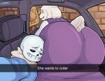  animated_skeleton anthro artist_name big_butt blue_eyes bone boss_monster bovid butt caprine car clothed clothing cumbread duo english_text female he_wants_to_order hi_res huge_butt inside_car looking_at_viewer male mammal mature_anthro mature_female meme one_eye_closed open_mouth robe sans_(undertale) selfie skeleton text toriel undead undertale undertale_(series) vehicle video_games 
