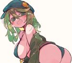  1girl ass bikini blush breasts from_behind green_bikini green_eyes green_hair green_headwear green_shirt hair_between_eyes hat key large_breasts looking_back massakasama medium_hair open_mouth shirt simple_background solo swimsuit touhou upper_body white_background yamashiro_takane 