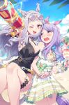  2girls animal_ears bangs bare_shoulders black_one-piece_swimsuit blue_sky blunt_bangs blush bracelet breasts cherry cloud cup day dress ear_ornament eyewear_on_head food food_on_face foreshortening fruit glint gold_ship_(run_revolt_launcher)_(umamusume) gold_ship_(umamusume) grey_hair highres holding holding_cup holding_water_gun horse_ears horse_girl horse_tail ice_cream jewelry kunikune long_hair looking_at_another looking_at_viewer mejiro_mcqueen_(umamusume) multiple_girls nail_polish ocean official_alternate_costume open_mouth outdoors parfait sky smile strawberry sunglasses super_smashing_summer_vacation_(umamusume) swimsuit tail teeth thigh_strap thighs umamusume upper_teeth v-shaped_eyebrows water water_gun wavy_mouth yellow-framed_eyewear 