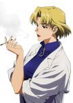  1girl akagi_ritsuko blonde_hair cigarette coat earrings eyelashes fingernails gem green_eyes grey_background grey_coat highres holding holding_cigarette ishii_takamori jewelry labcoat long_eyelashes mole mole_under_eye neon_genesis_evangelion o-ring open_clothes open_coat parted_lips purple_gemstone red_lips short_hair simple_background single_earring sleeves_rolled_up smoke smoking solo teeth 