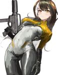  1girl absurdres bangs black_hair blush bodysuit breasts closed_mouth commentary_request cowboy_shot expressionless girls&#039;_frontline gun heterochromia highres holding holding_gun holding_weapon long_hair looking_at_viewer multicolored_hair red_eyes ro635 ro635_(girls&#039;_frontline) simple_background skin_tight solo streaked_hair user_sxgp3545 weapon white_background white_hair yellow_eyes 
