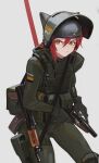  1girl absurdres ak-47 ak-74 ammunition_pouch animal_ears assault_rifle bulletproof_vest cat_ears cat_girl frown gloves gun handgun helmet highres kalashnikov_rifle original polilla pouch red_hair revolver rifle scar scar_on_face short_hair solo tactical_clothes visor_(armor) weapon yellow_eyes 