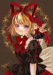 1girl artist_name bangs black_shirt blonde_hair blue_eyes blush bow bowtie breasts dated eyebrows_hidden_by_hair eyeshadow fairy_wings frilled_shirt_collar frills grey_background hair_ribbon highres looking_at_viewer makeup medicine_melancholy medium_breasts puffy_short_sleeves puffy_sleeves red_bow red_bowtie red_ribbon ribbon shirt short_hair short_sleeves signature simple_background skirt smile soyohito su-san swept_bangs touhou upper_body wings 