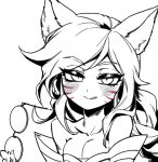  1girl :q ahri_(league_of_legends) animal_ears bangs bare_shoulders blush breasts cleavage facial_mark fox_ears fox_girl greyscale holding holding_eyewear large_breasts league_of_legends long_hair monochrome phantom_ix_row round_eyewear smile solo tongue tongue_out whisker_markings 
