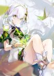  1girl blurry blurry_foreground bracelet commentary cross-shaped_pupils flat_chest genshin_impact green_eyes highres jewelry koomoi long_hair looking_at_viewer nahida_(genshin_impact) smile solo toeless_legwear white_hair 