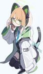  1girl adjusting_eyewear animal_ear_headphones animal_ears bangs blonde_hair blue_archive blue_necktie bow cat_ear_headphones cat_tail closed_mouth collared_shirt commentary_request fake_animal_ears feet_out_of_frame glasses green_eyes hair_bow halo headphones highres hood hooded_jacket jacket looking_at_viewer looking_to_the_side midori_(blue_archive) multicolored_clothes multicolored_jacket necktie open_clothes open_jacket papaia_(quentingqoo) parted_bangs shirt simple_background solo tail thighhighs wide_sleeves 