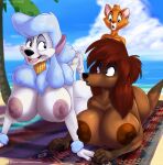  5_fingers 5_toes accessory anthro beach beach_towel big_breasts black_nose blue_hair bow_ribbon breasts brown_body brown_fur brown_hair brown_nipples canid canine canis carpet disney domestic_cat domestic_dog el-loko feet felid feline felis female fingers fur georgette_(disney) group hair hair_accessory hair_bow hair_ribbon hi_res hunting_dog jewelry male mammal nipples nude nude_beach oliver_(disney) oliver_and_company pink_nipples poodle ribbons rita_(disney) saluki seaside sighthound snout toes towel trio white_body white_fur 