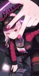  1girl absurdres baseball_cap character_name foreshortening gaogao_(gaogaomegu) graffiti hat highres hololive hololive_english jacket jewelry mori_calliope official_alternate_costume pendant pink_hair ponytail rapping red_eyes red_nails squatting virtual_youtuber 