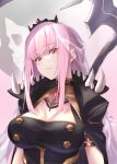  1girl breasts cape cleavage death_(entity) grim_reaper highres hololive hololive_english izupix large_breasts long_hair mori_calliope pink_eyes pink_hair scythe shoulder_spikes spikes tiara veil virtual_youtuber weapon weapon_on_back 